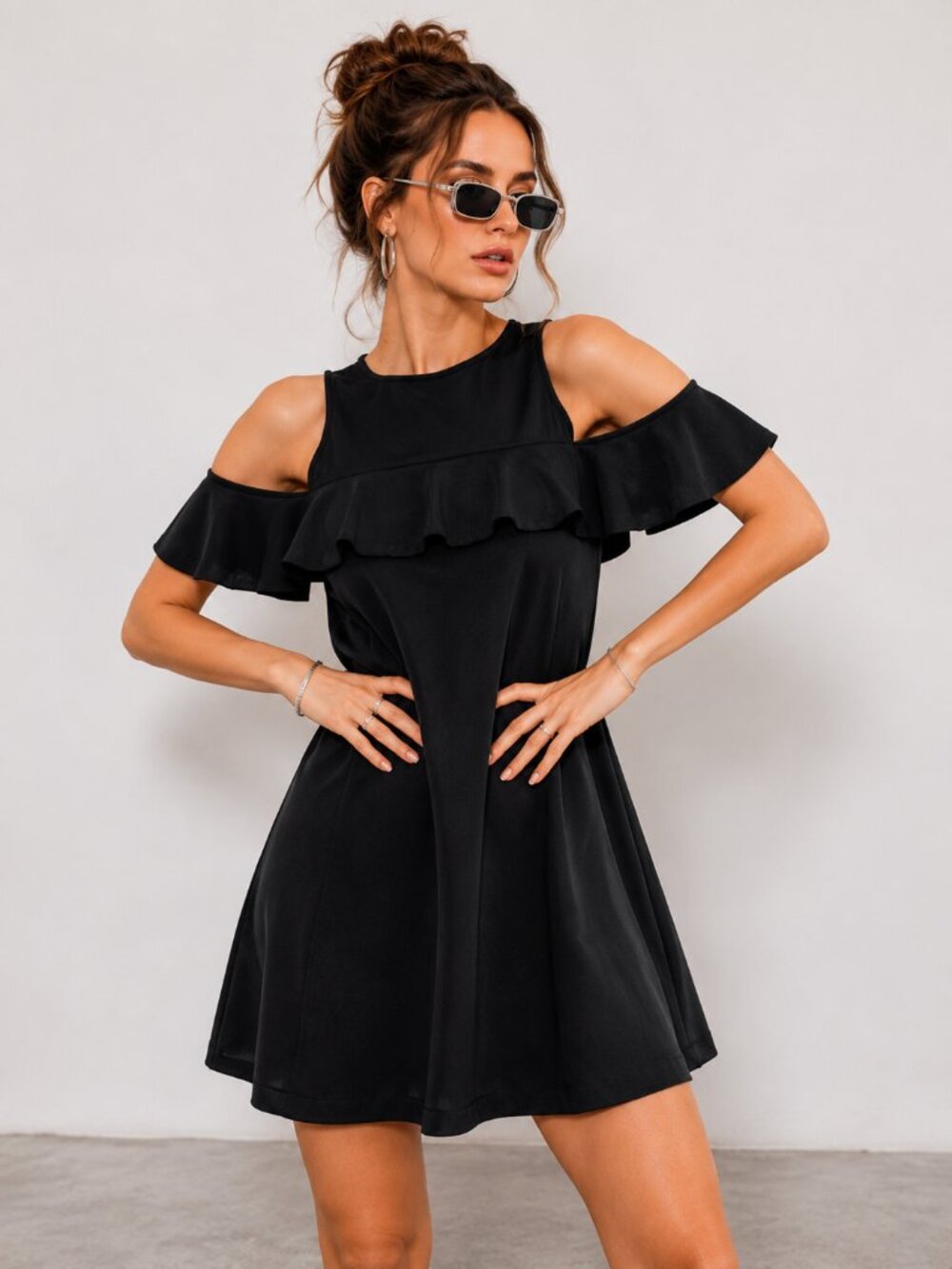 Black Cold Shoulder Babydoll Dress Ruffle Coquette NWT